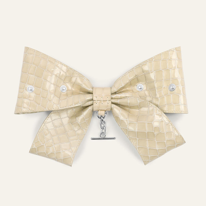 Cream Patent Croc Sarah Haran Deco Bow Textured with Silver hardware back | C13-S