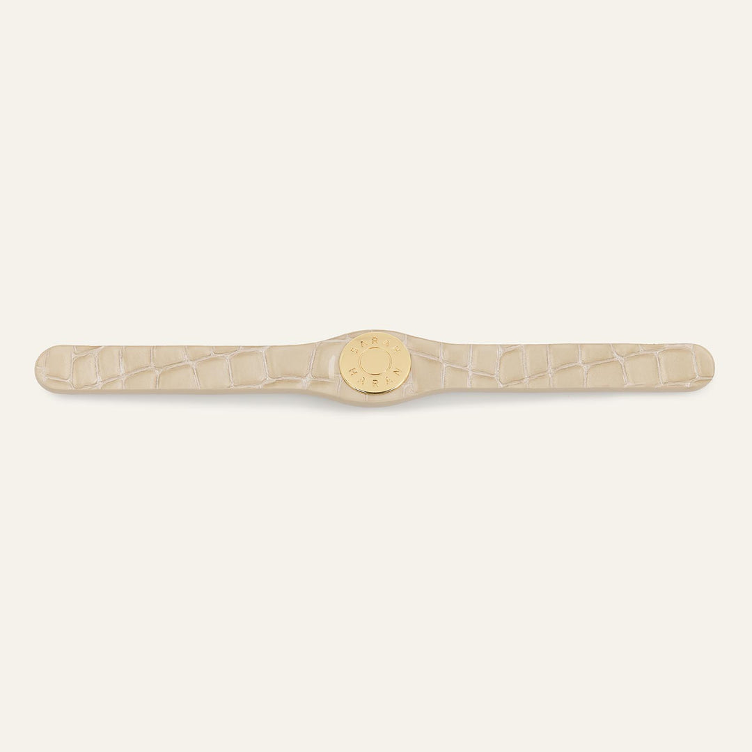 Cream Patent Croc Sarah Haran Deco strip Logo Textured Stud with Silver hardware front | C13-G