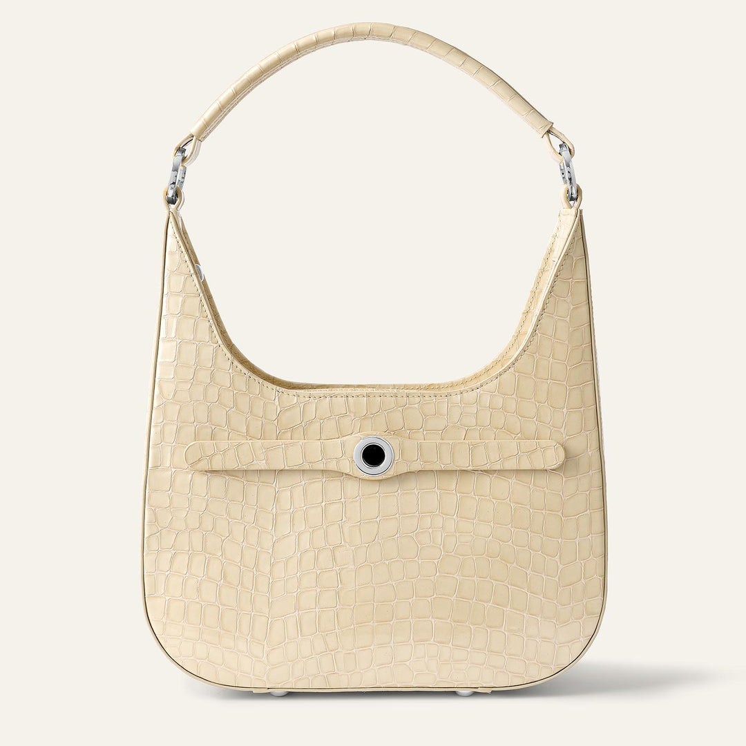 Cream Patent Croc Florence Hobo Bag - Patent with Silver hardware front | C13-S