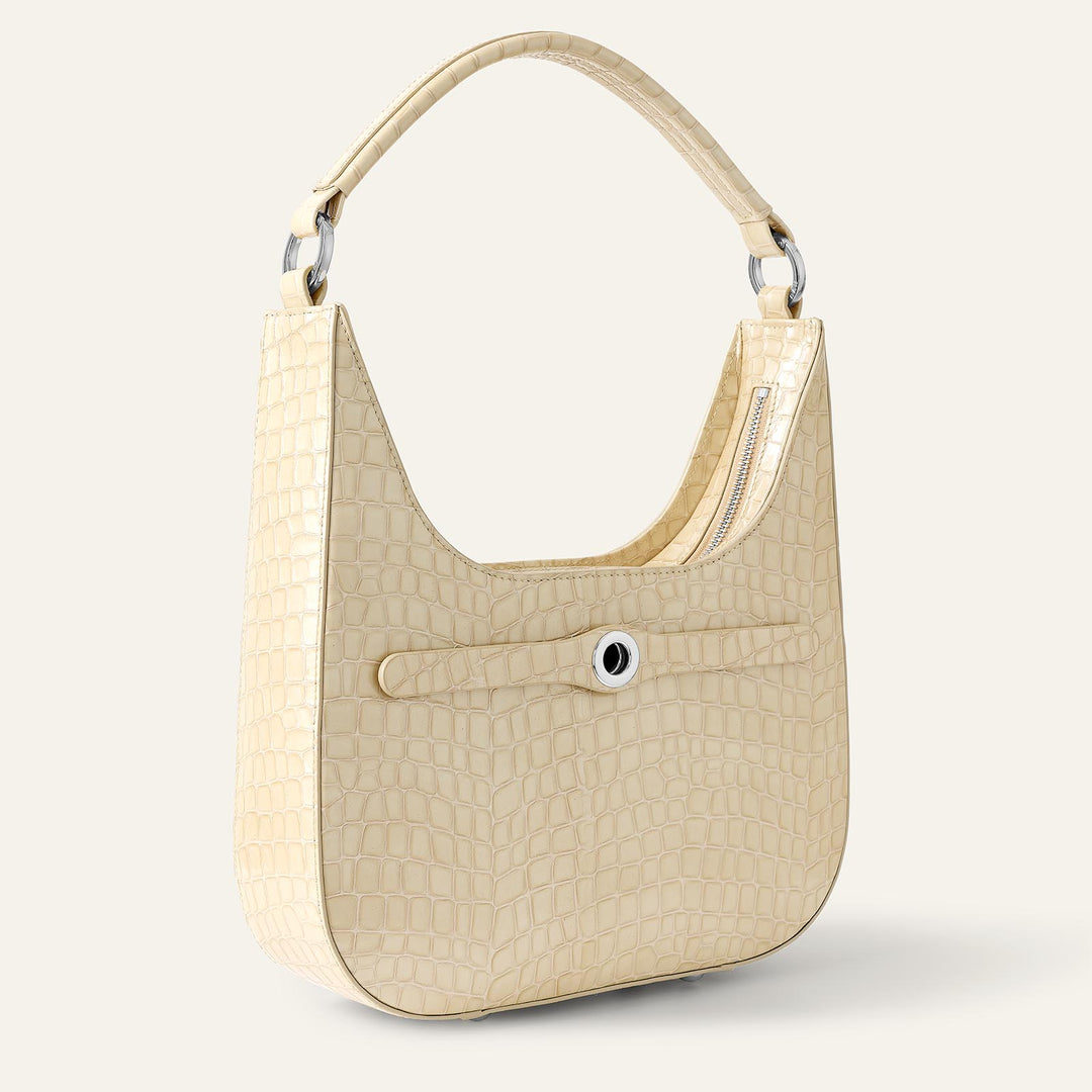 Cream Patent Croc Florence Hobo Bag - Patent with Silver hardware side| C13-S