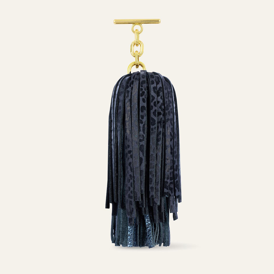 Navy Leopard Metallic Navy Sarah Haran Double Pompom Tassel Textured with Gold hardware front 1 | U83-G