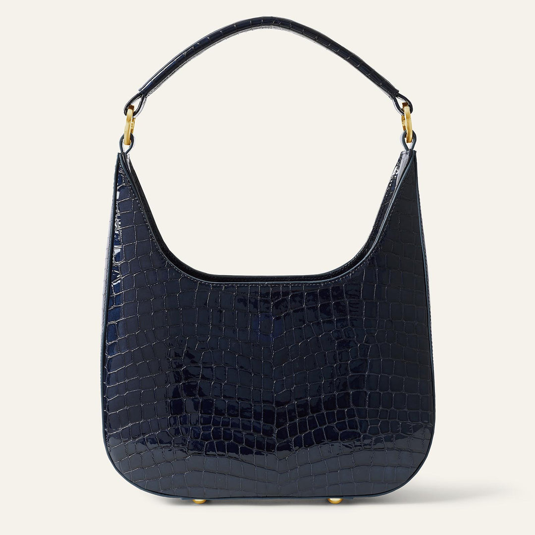 Navy Patent Croc Florence Hobo Bag - Patent with Gold hardware back| U74-G