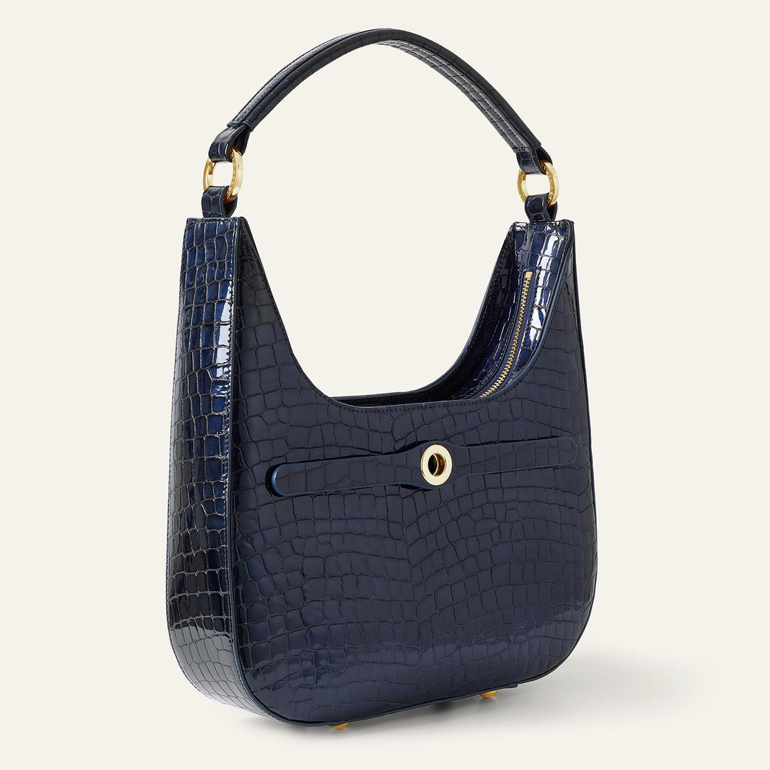 Navy Patent Croc Florence Hobo Bag - Patent with Gold hardware side| U74-G