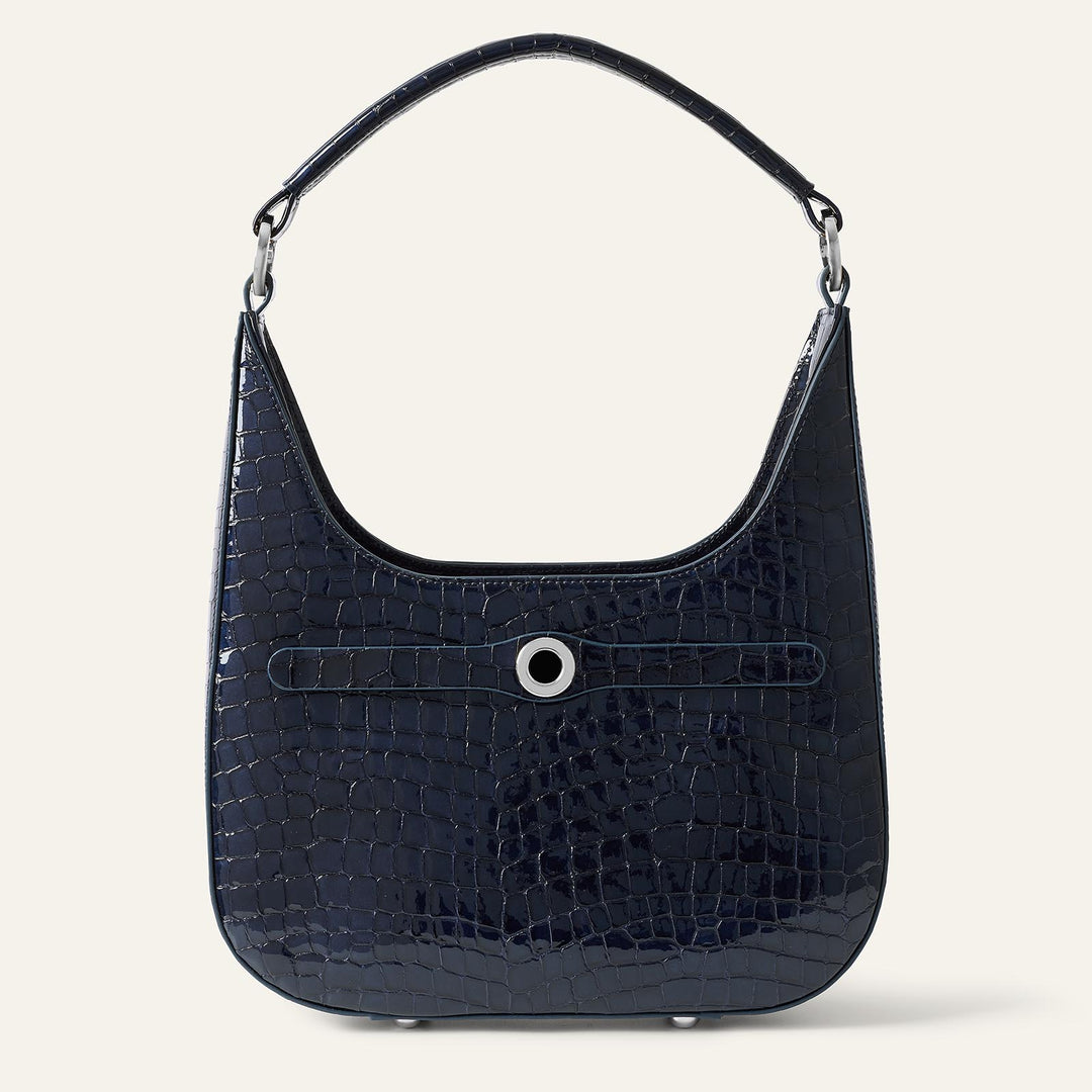 Navy Patent Croc Florence Hobo Bag - Patent with Silver hardware front 1 | U74-S