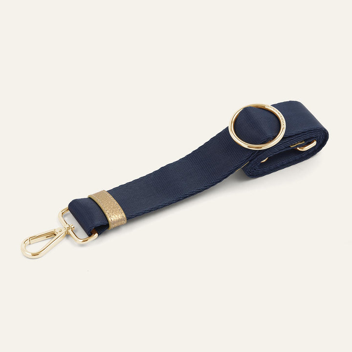 Navy River Strap with Gold hardware front 1 | U01-G