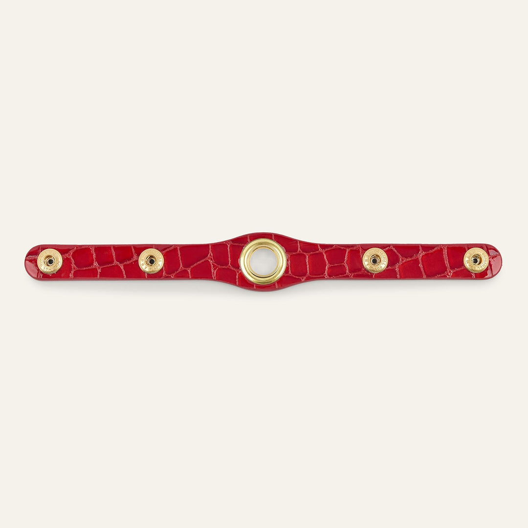 Red Patent Croc Sarah Haran Deco Strip Textured Popper with Gold hardware back | R020-G