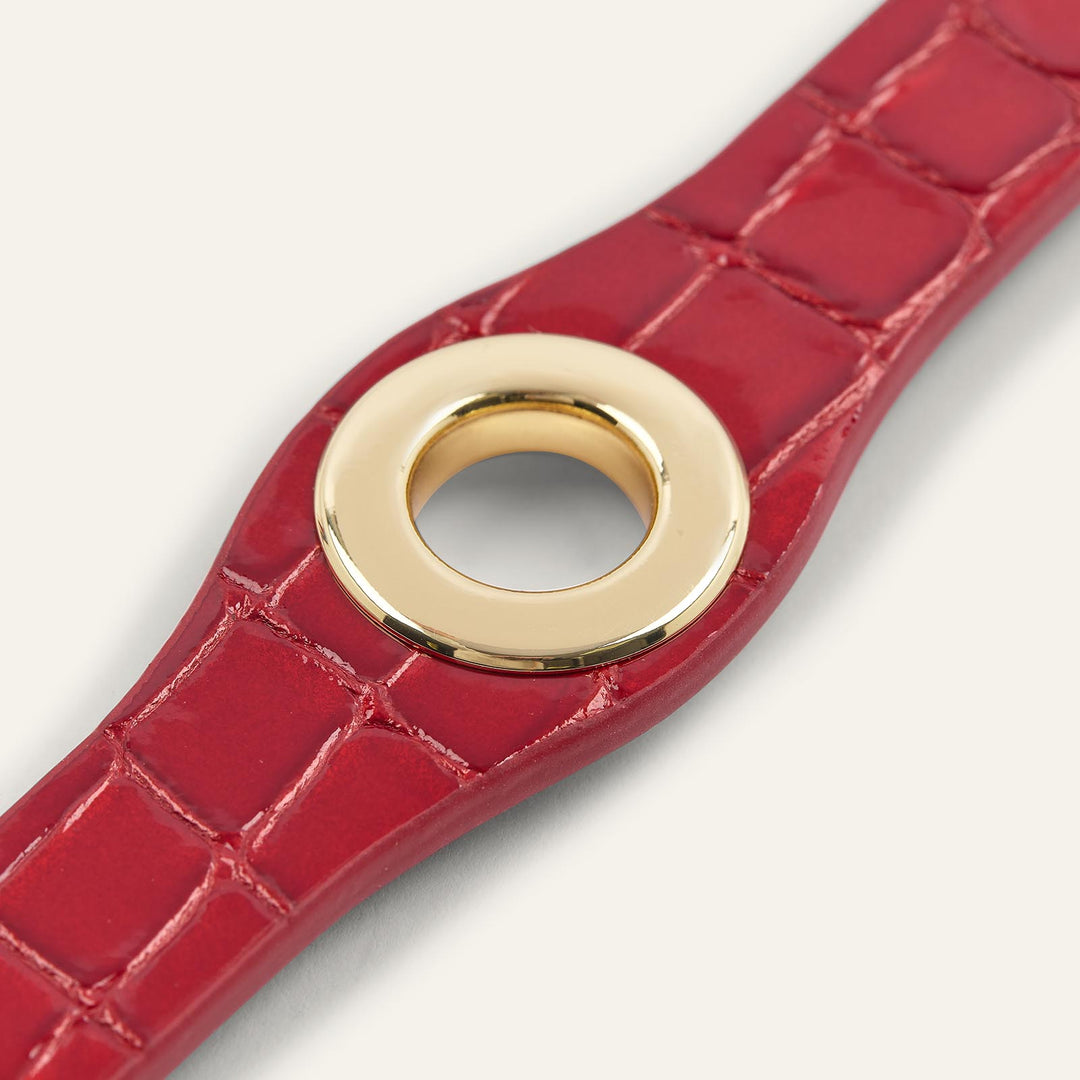 Red Patent Croc Sarah Haran Deco Strip Textured Popper with Gold hardware detail | R020-G