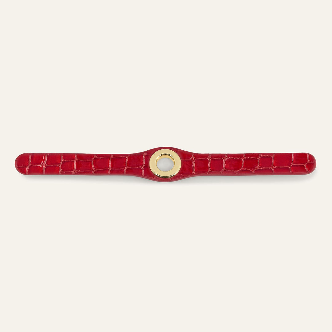 Red Patent Croc Sarah Haran Deco Strip Textured Popper with Gold hardware front 1 | R020-G