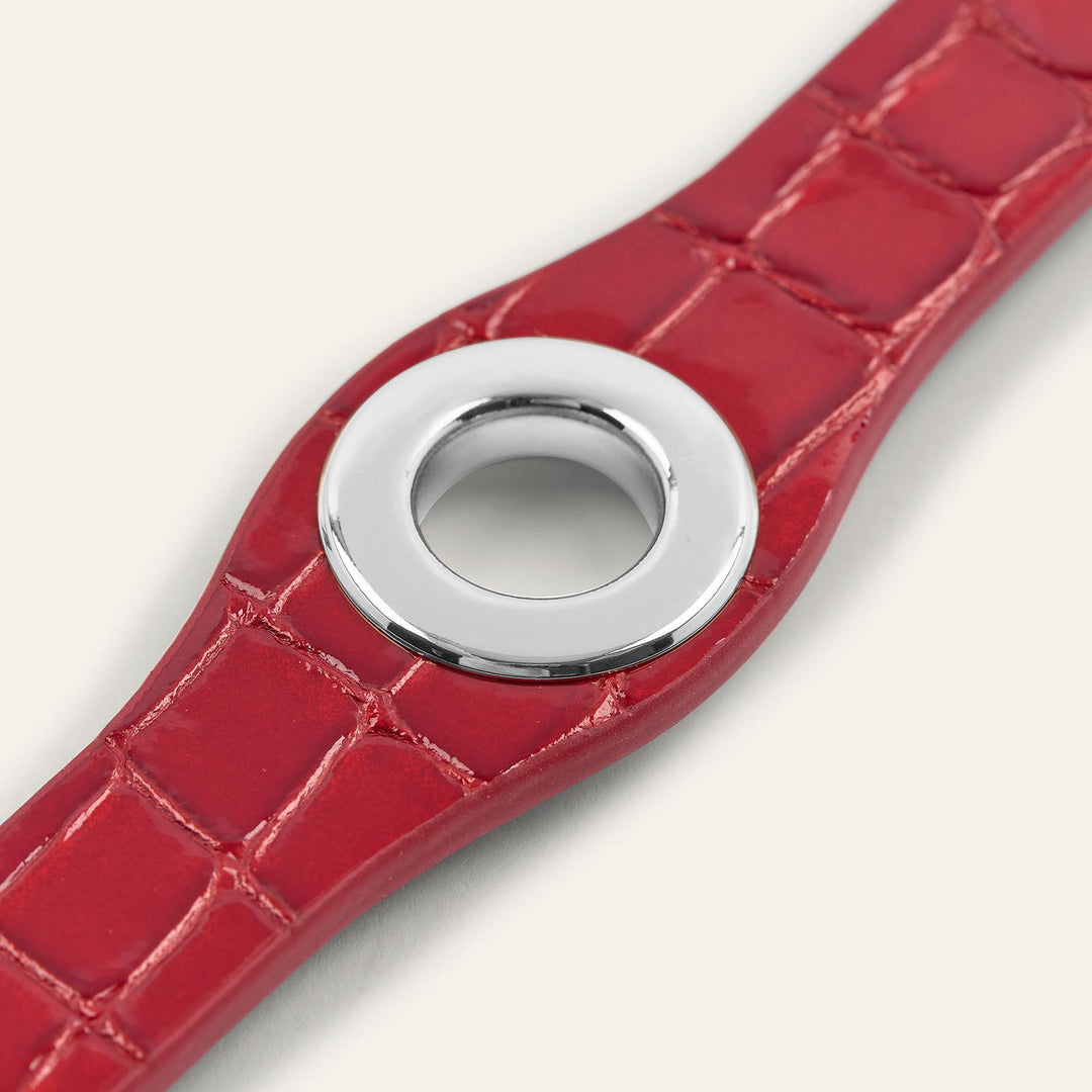 Red Patent Croc Sarah Haran Deco Strip Textured Popper with Silver hardware detail | R020-S