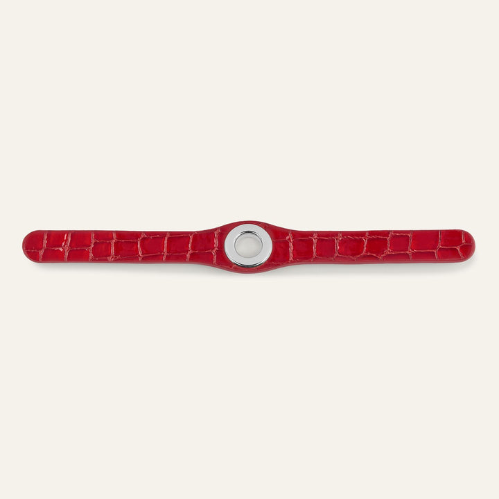 Red Patent Croc Sarah Haran Deco Strip Textured Popper with Silver hardware front 1 | R020-S