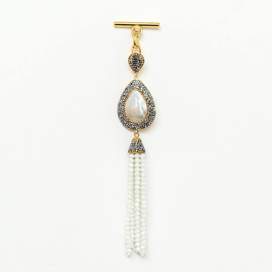 Teardrop Pearl Sarah Haran Joyful Jewel Tassel with Gold hardware front 1 | W11-G